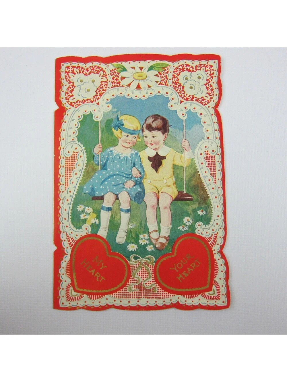 Antique Valentine Blonde Girl Blue Dress Boy Swing Daisy Flowers Die cut Bifold